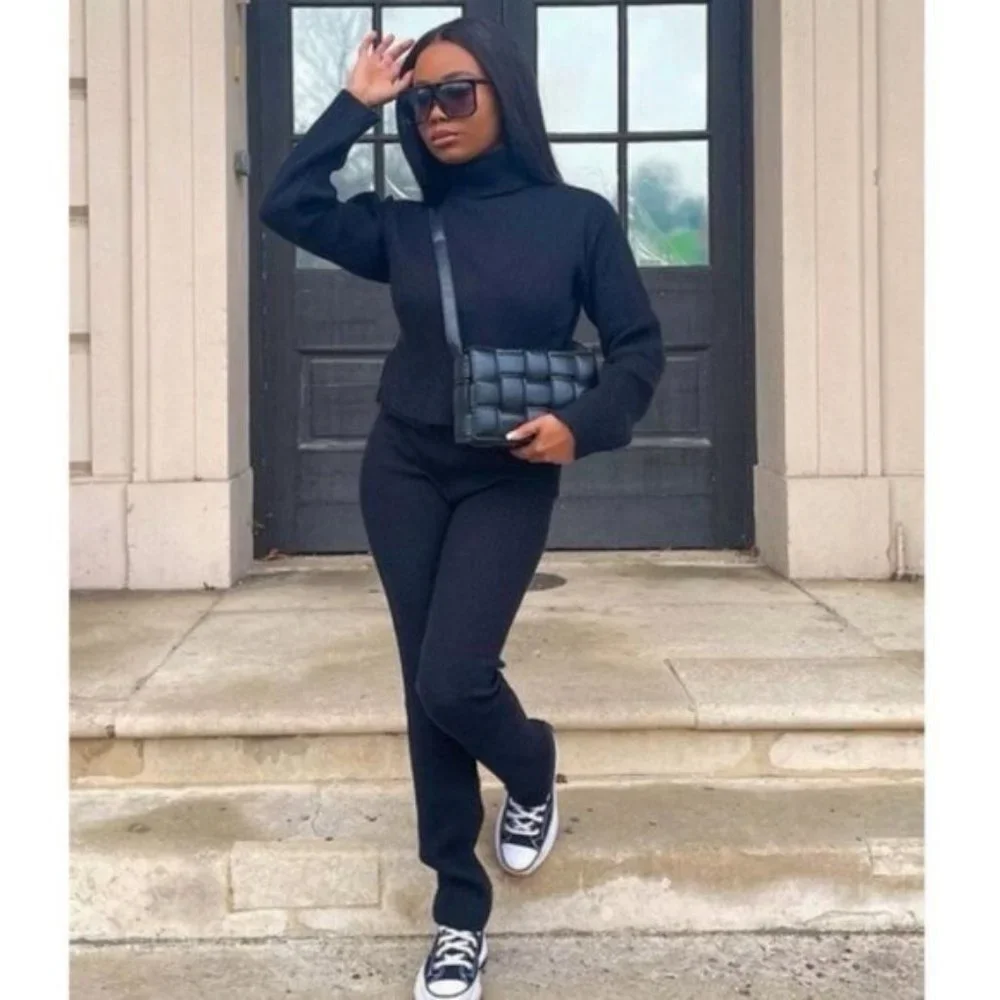 Black Knitted Long Sleeve Turtle Neck Crop Top and Pants Two Piece Set - Picture 8 of 15